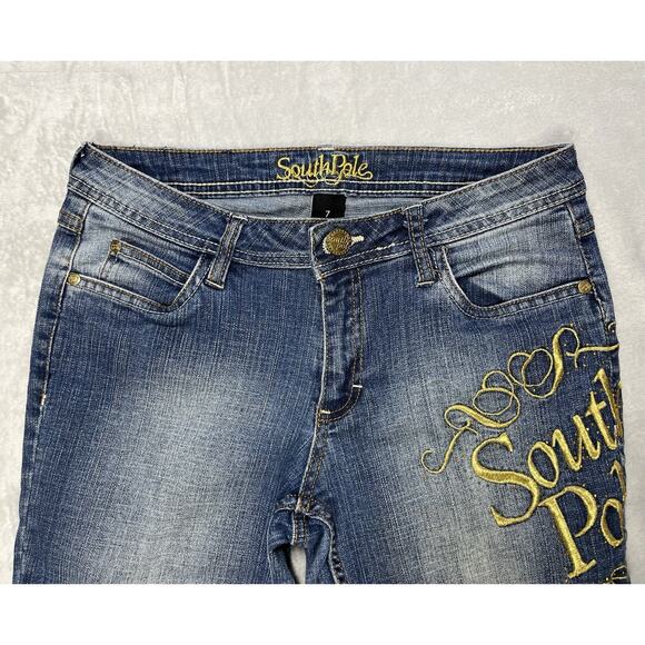 South Pole Cropped Jeans 7 Stretch Gold Logo Metallic Embroidery Inseam Y2K VTG - Picture 7 of 16